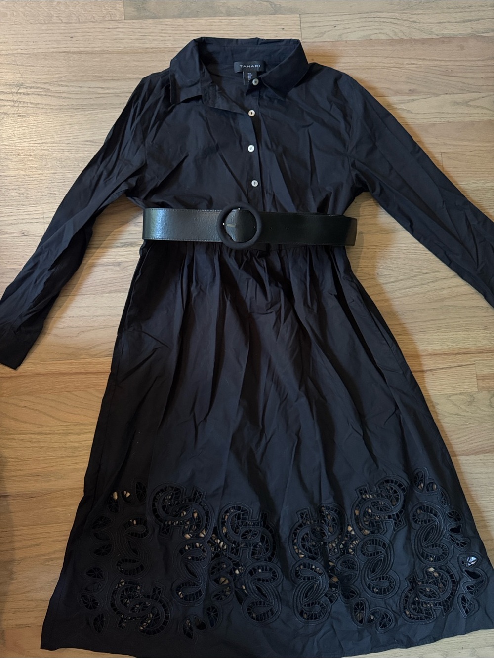 Tahari Black Long-Sleeve Shirt Dress with Laser-Cut Hem